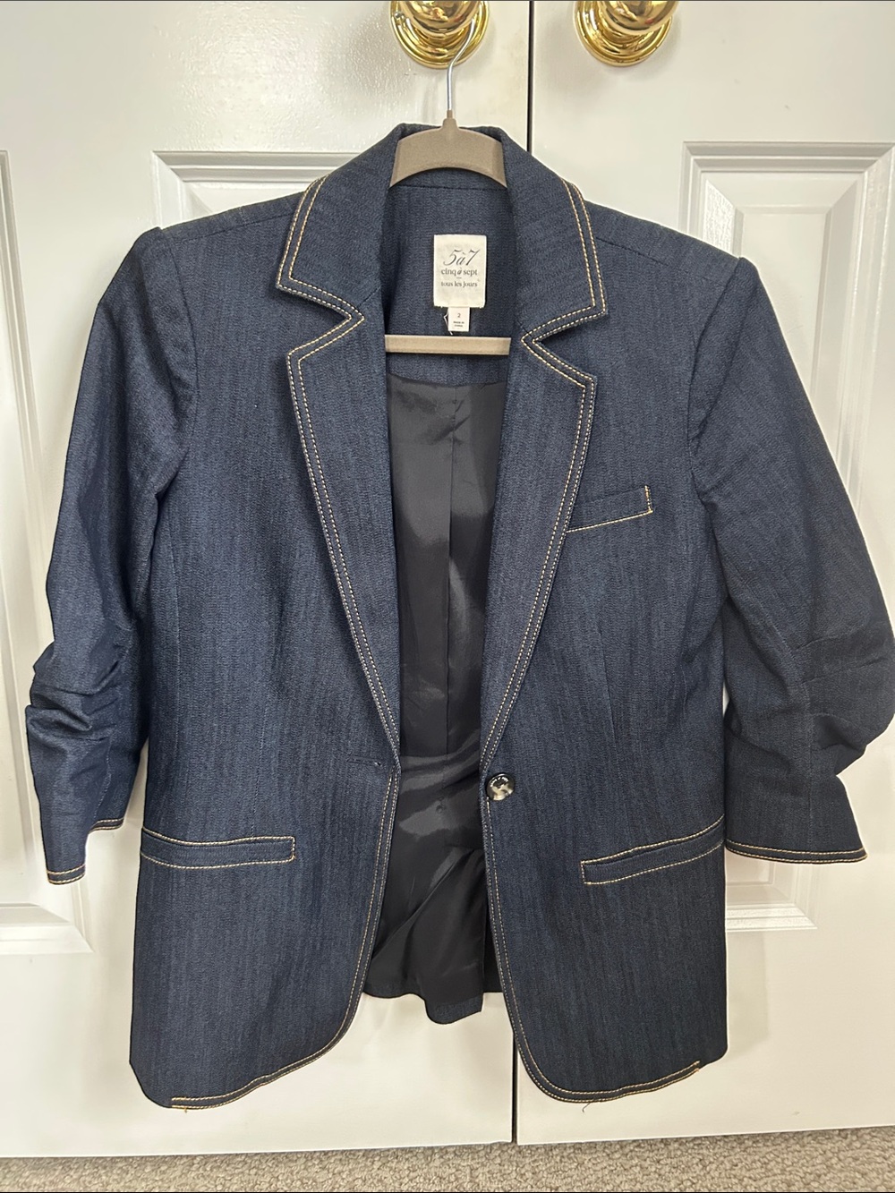 cinq a sept Navy Denim Blazer with Contrast Stitching
